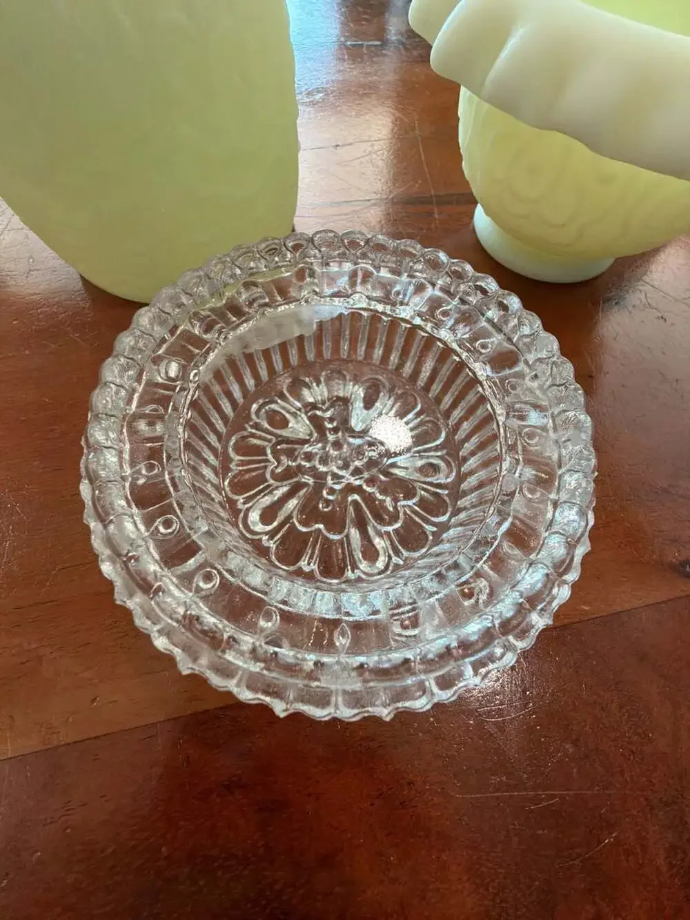 Fenton Glass Persian Medallion Vaseline Satin Three-Piece Fairy Lamp